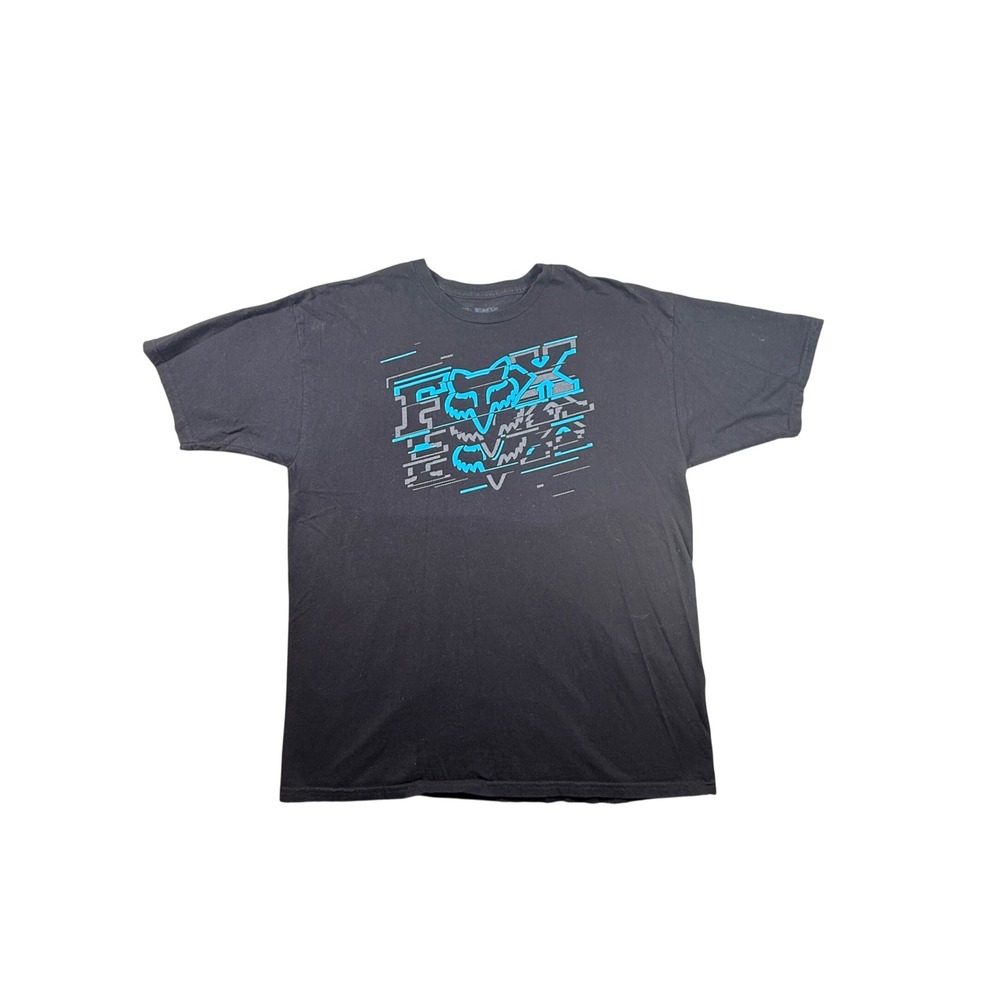 Fox Racing Mens XL T-Shirt Black Teal Glitch Graphic Logo Motocross Short Sleeve